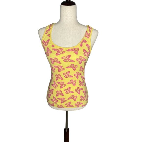 Mix & Co. yellow pink butterfly ribbed stretch tank top women's size small - Picture 1 of 4